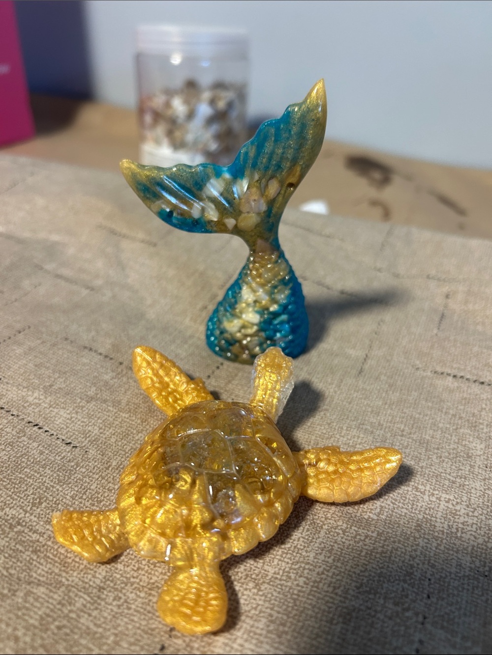 Handcrafted Gold Resin Turtle and Blue-Gold Mermaid Tail Decor Set